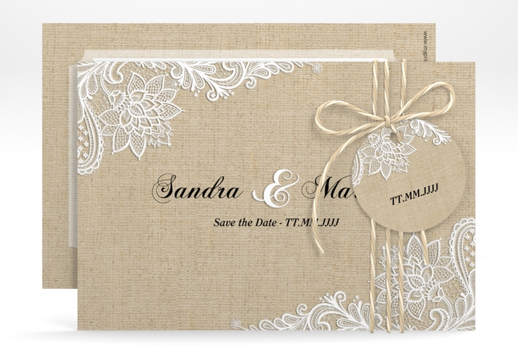 Save the Date-Karte Lace A6 Karte quer in Leinen-Optik mit weißer Spitze