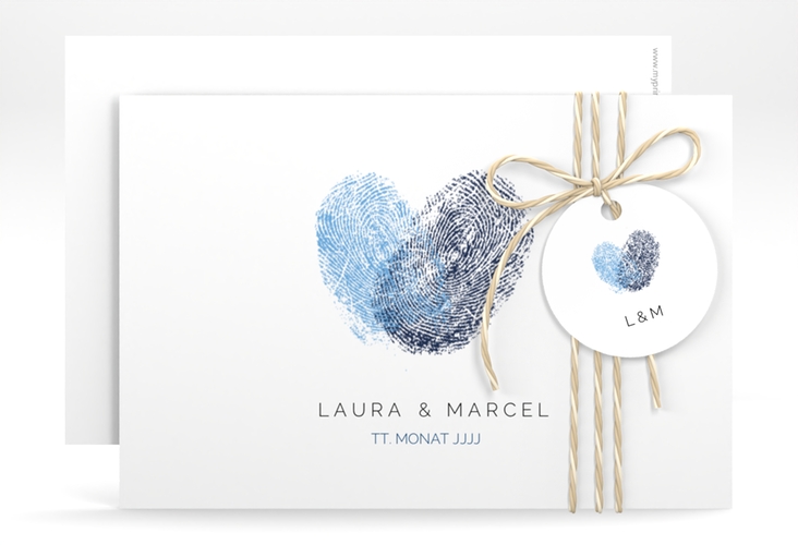 Save the Date-Karte Fingerprint A6 Karte quer blau schlicht mit Fingerabdruck-Motiv