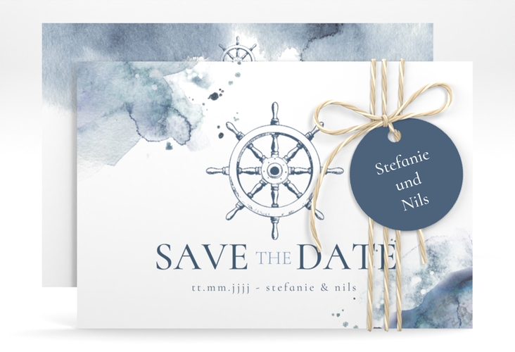 Save the Date-Karte Steuerrad A6 Karte quer blau in maritimen Blautönen