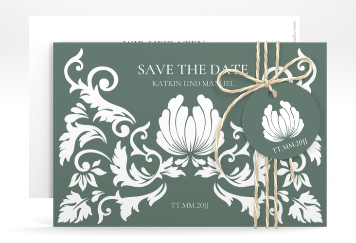 Save the Date-Karte Royal A6 Karte quer gruen hochglanz mit barockem Blumen-Ornament