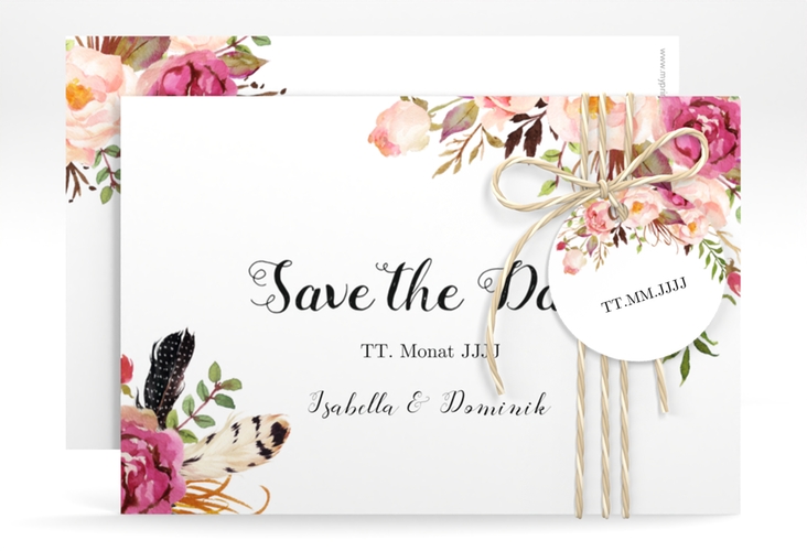 Save the Date-Karte Flowers A6 Karte quer weiss mit bunten Aquarell-Blumen