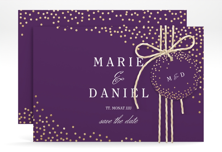Save the Date-Karte Glitter A6 Karte quer lila hochglanz