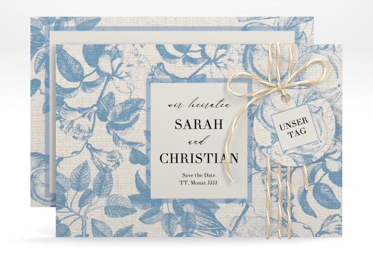 Save the Date-Karte Toile A6 Karte quer blau hochglanz mit Blättermuster im Toile-de-Jouy-Stil