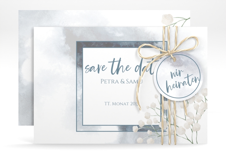 Save the Date-Karte Winter A6 Karte quer blau mit Schleierkraut