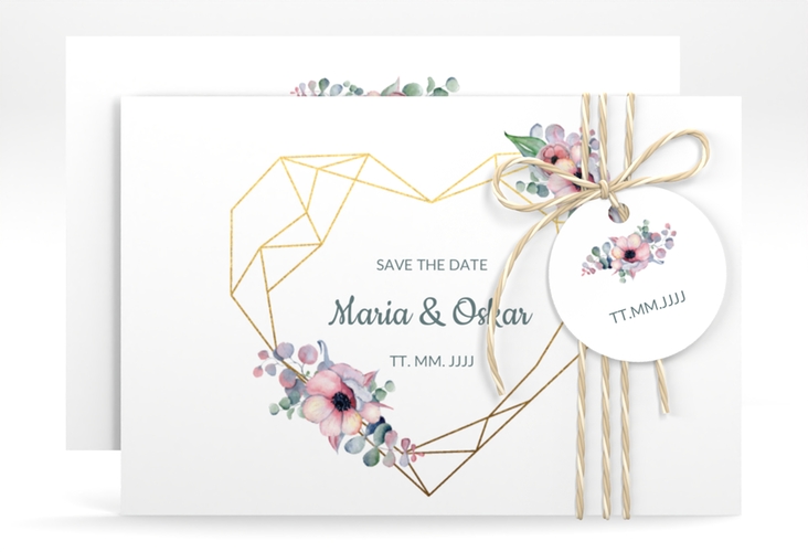 Save the Date-Karte Herzgold A6 Karte quer weiss