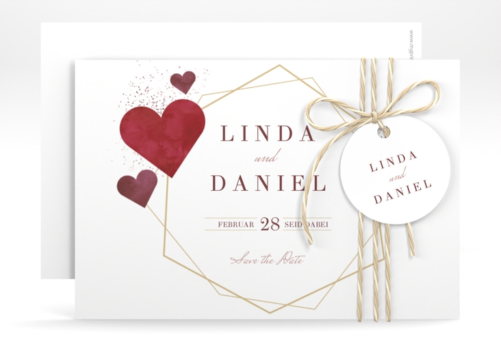 Save the Date-Karte Herzlich A6 Karte quer gold hochglanz mit Goldrahmen und roten Herzen
