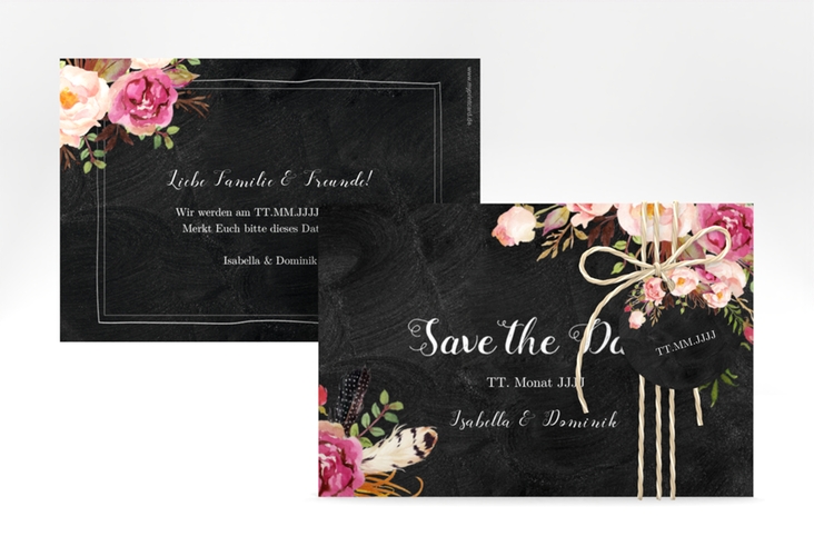 Save the Date-Karte Flowers A6 Karte quer schwarz hochglanz mit bunten Aquarell-Blumen