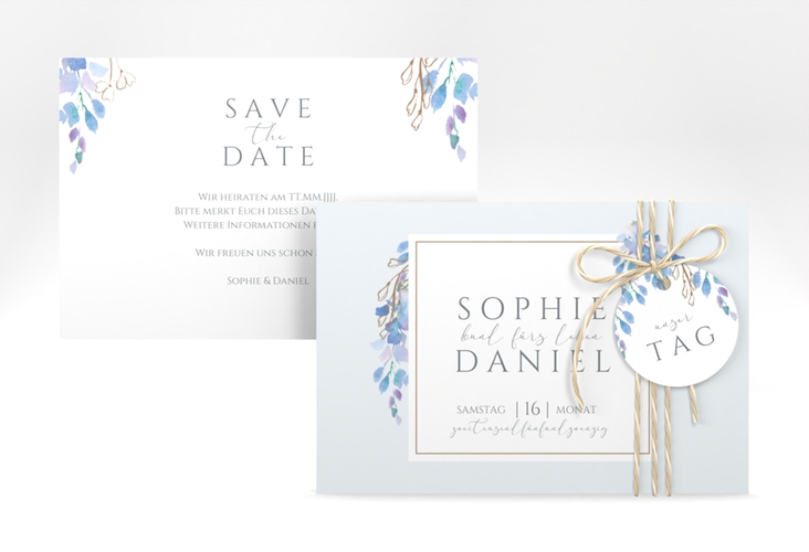 Save the Date-Karte Blauregen A6 Karte quer blau mit Wisteria-Blüten