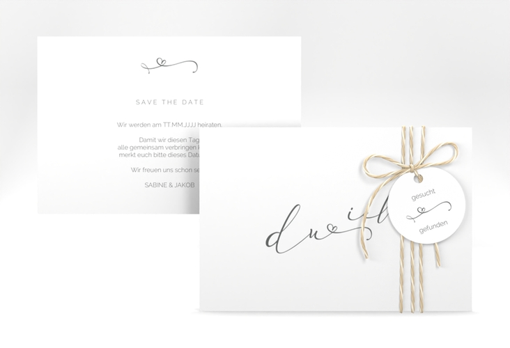 Save the Date-Karte Zweisamkeit A6 Karte quer weiss hochglanz im minimalistischen Stil mit Aufschrift du & ich