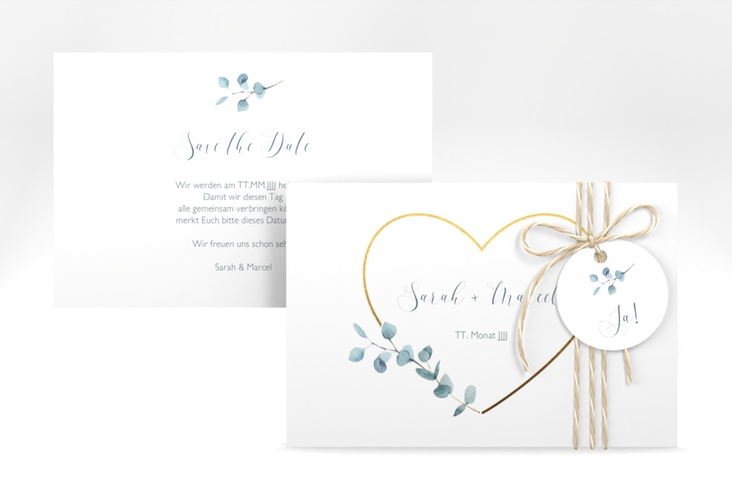 Save the Date-Karte Greenheart A6 Karte quer hochglanz mit elegantem Herz und Eukalyptus-Zweig