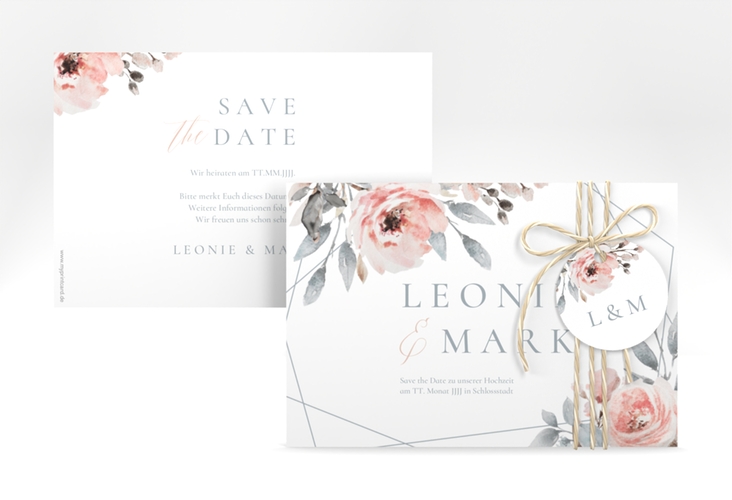 Save the Date-Karte Perfection A6 Karte quer weiss mit rosa Rosen