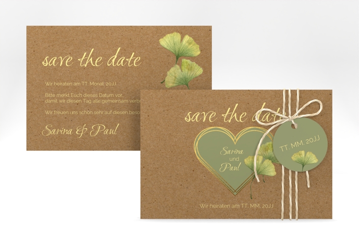 Save the Date-Karte Ginko A6 Karte quer Kraftpapier hochglanz mit Herz und zwei Ginkgo-Blättern