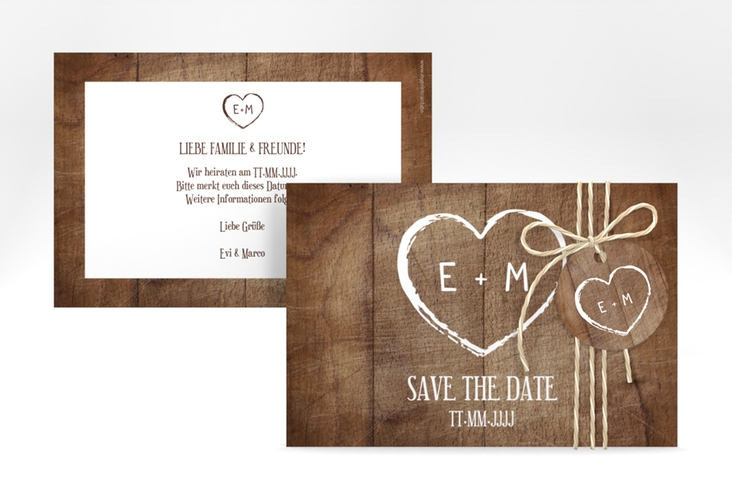 Save the Date-Karte Wood A6 Karte quer hochglanz in Holz-Optik mit Herz und Initialen