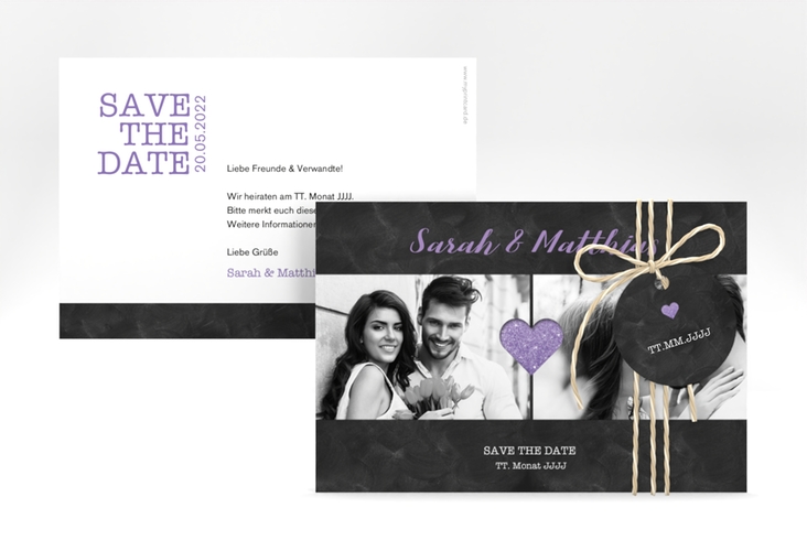 Save the Date-Karte Sparkly A6 Karte quer lila hochglanz