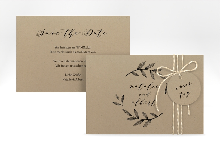 Save the Date-Karte Naturelove A6 Karte quer in Kraftpapier-Optik mit Blattzeichnung