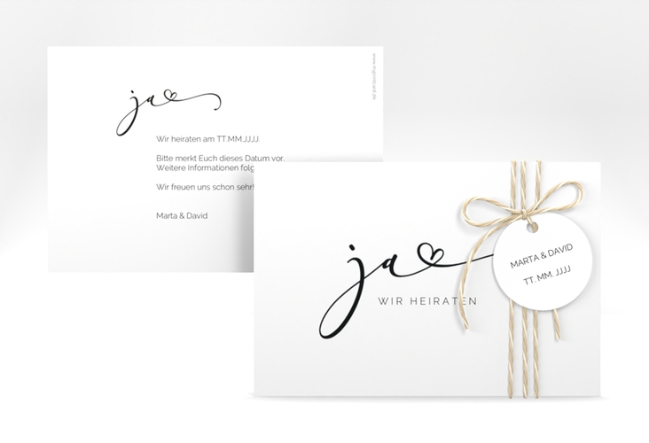 Save the Date-Karte Jawort A6 Karte quer weiss hochglanz modern minimalistisch mit veredelter Aufschrift