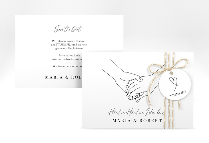 Save the Date-Karte Hands A6 Karte quer weiss mit sich haltenden Händen im Monoline-Stil