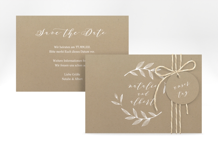 Save the Date-Karte Naturelove A6 Karte quer weiss hochglanz in Kraftpapier-Optik mit Blattzeichnung