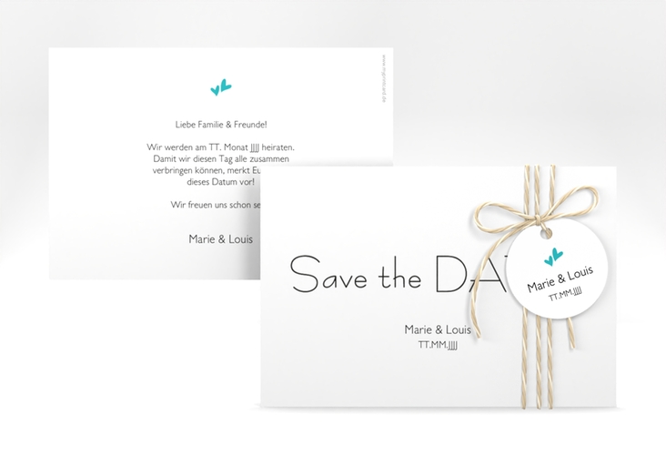 Save the Date-Karte Hochzeit Twohearts A6 Karte quer tuerkis hochglanz