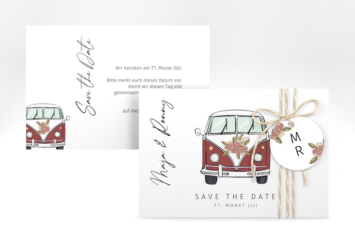 Save the Date-Karte Hochzeitsbulli A6 Karte quer rot hochglanz