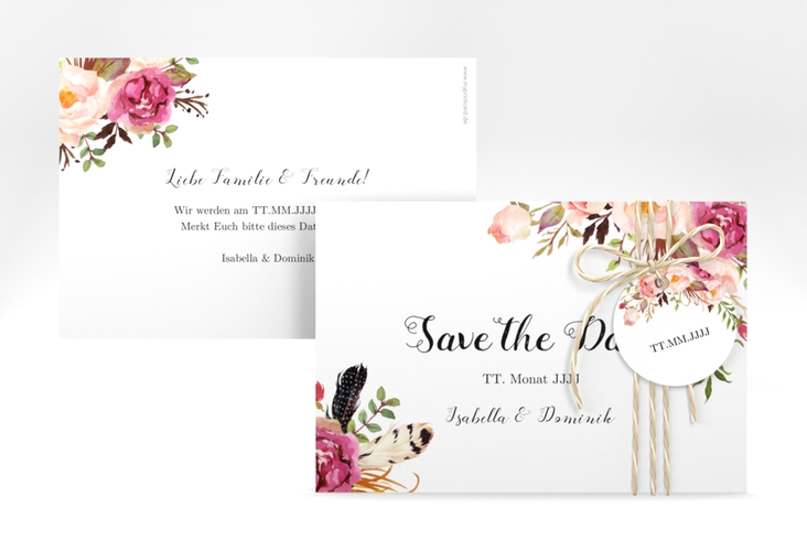 Save the Date-Karte Flowers A6 Karte quer weiss mit bunten Aquarell-Blumen