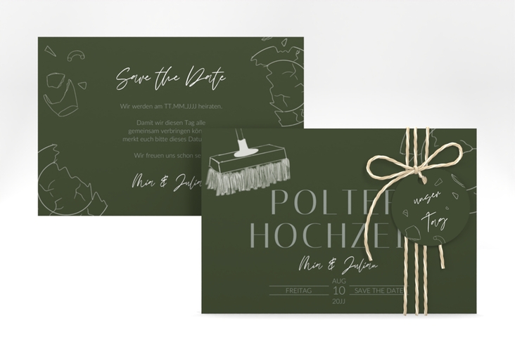 Save the Date-Karte Polterhochzeit A6 Karte quer gruen mit Besen und kaputtem Porzellanteller