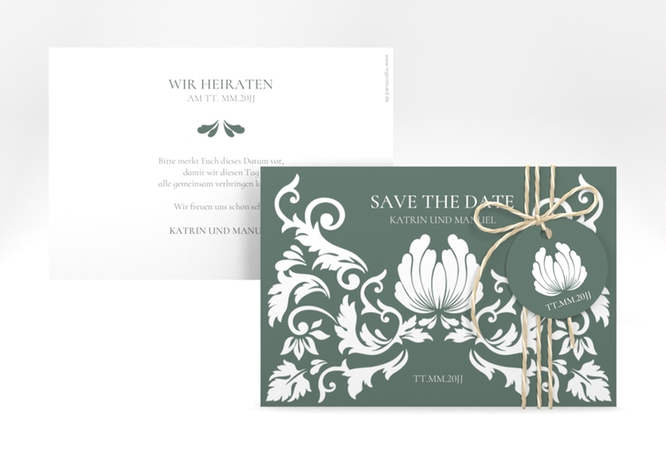 Save the Date-Karte Royal A6 Karte quer gruen hochglanz mit barockem Blumen-Ornament