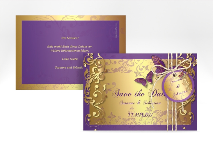 Save the Date-Karte Hochzeit Toulouse A6 Karte quer lila hochglanz romantisch mit Schmetterlingen