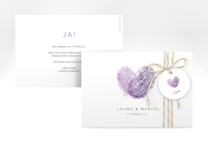 Save the Date-Karte Fingerprint A6 Karte quer lila schlicht mit Fingerabdruck-Motiv