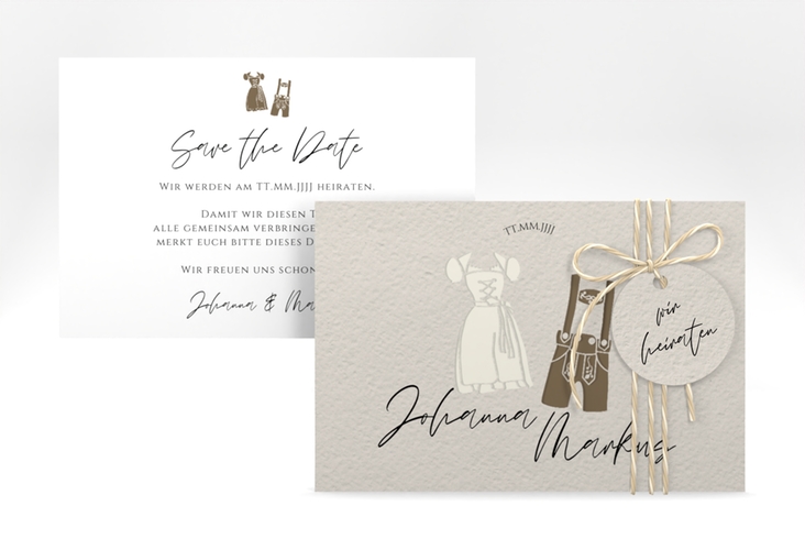 Save the Date-Karte Trachtenhochzeit A6 Karte quer beige hochglanz mit Dirndl und Lederhose