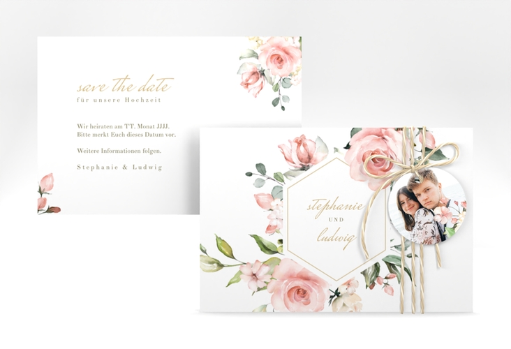 Save the Date-Karte Graceful A6 Karte quer weiss mit Rosenblüten in Rosa und Weiß
