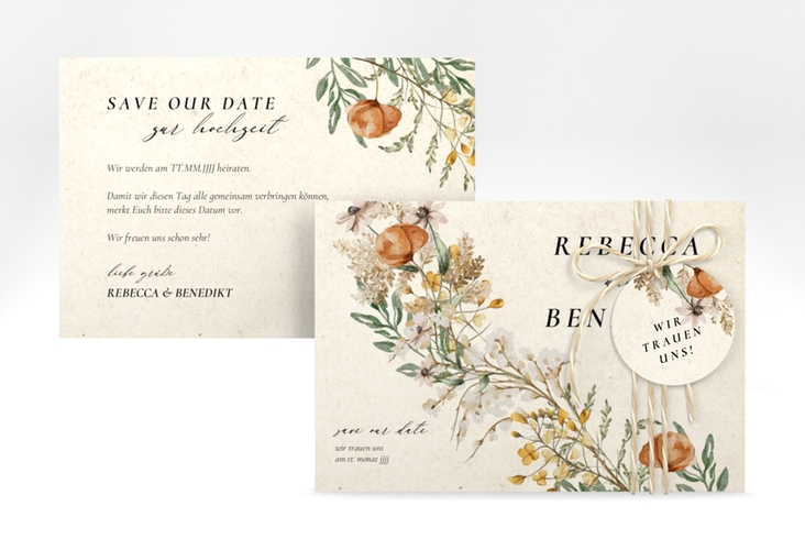 Save the Date-KarteWildfang A6 Karte quer beige mit getrockneten Wiesenblumen