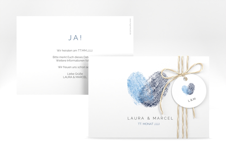 Save the Date-Karte Fingerprint A6 Karte quer blau schlicht mit Fingerabdruck-Motiv