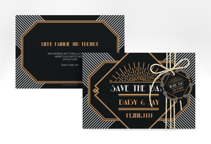 Save the Date-Karte Hochzeit Gatsby A6 Karte quer schwarz im 20er-Jahre-Stil