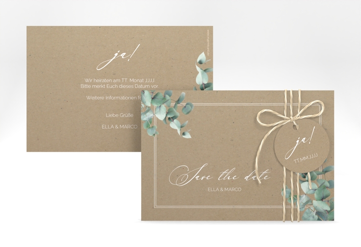 Save the Date-Karte Eucalypt A6 Karte quer Kraftpapier hochglanz mit Eukalyptus und edlem Rahmen
