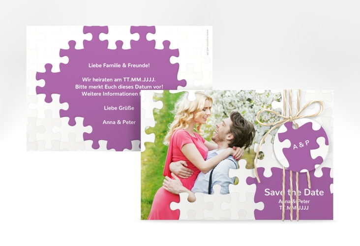 Save the Date-Karte Hochzeit Puzzle A6 Karte quer lila hochglanz