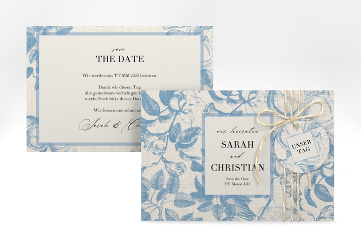 Save the Date-Karte Toile A6 Karte quer mit Blättermuster im Toile-de-Jouy-Stil
