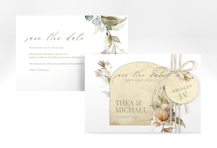 Save the Date-Karte Dornröschen A6 Karte quer weiss mit Aquarell-Rosen im Vintage-Look