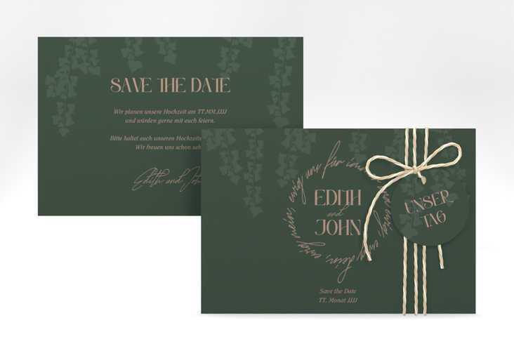 Save the Date-Karte Efeugrün A6 Karte quer im Fantasy-Elfen-Design mit Efeu