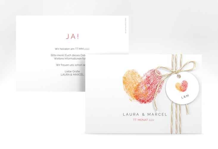 Save the Date-Karte Fingerprint A6 Karte quer rot schlicht mit Fingerabdruck-Motiv