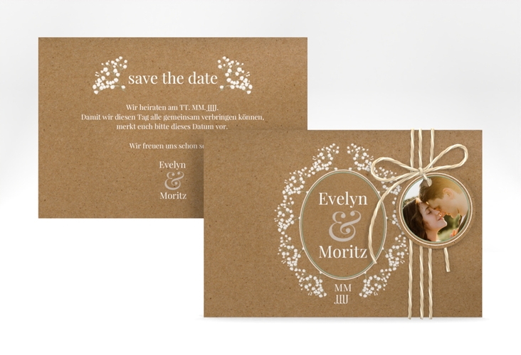 Save the Date-Karte Gypsophila A6 Karte quer im Vintage-Stil mit Blumenkranz aus Schleierkraut