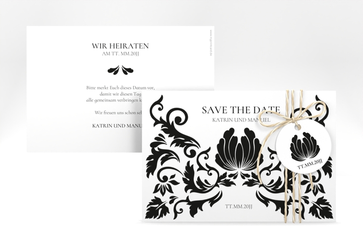 Save the Date-Karte Royal A6 Karte quer weiss mit barockem Blumen-Ornament