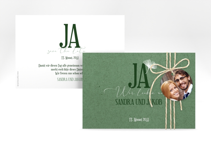 Save the Date-Karte Ja A6 Karte quer gruen hochglanz mit Ginkgo-Blatt