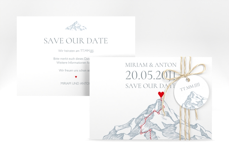 Save the Date-Karte Berge A6 Karte quer blau mit Berggipfel und eingezeichneter Route zum Herzen