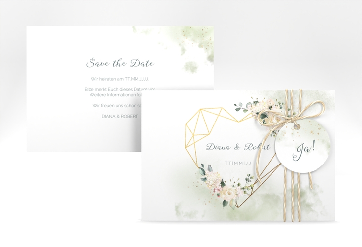 Save the Date-Karte Adore A6 Karte quer mit geometrischem Herz und Rosen in Aquarell