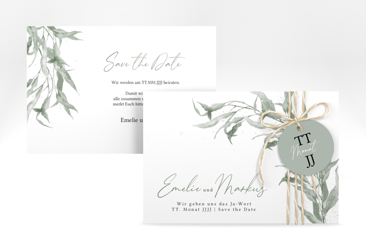 Save the Date-Karte Eucalyptus Green A6 Karte quer weiss hochglanz