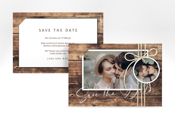 Save the Date-Karte Rustic A6 Karte quer braun in Holz-Optik mit Foto