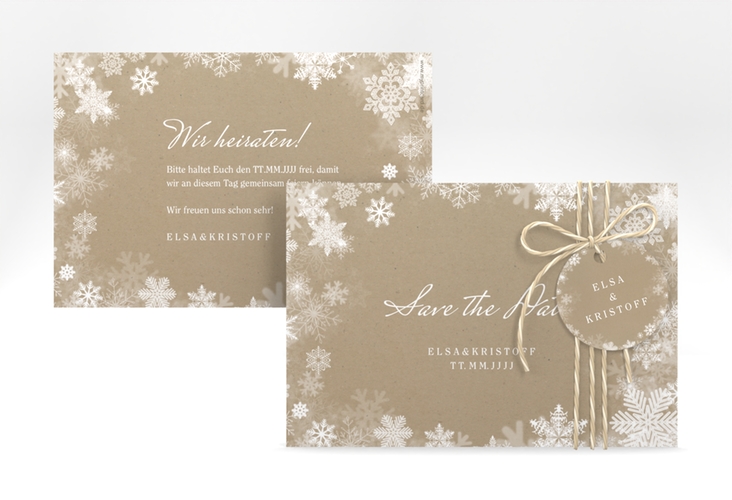 Save the Date-Karte Snowfall A6 Karte quer Kraftpapier mit Schneeflocken für Winterhochzeit