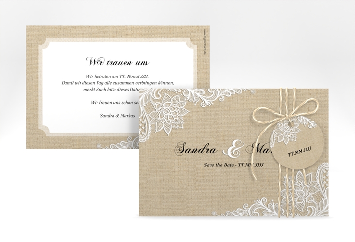 Save the Date-Karte Lace A6 Karte quer beige in Leinen-Optik mit weißer Spitze