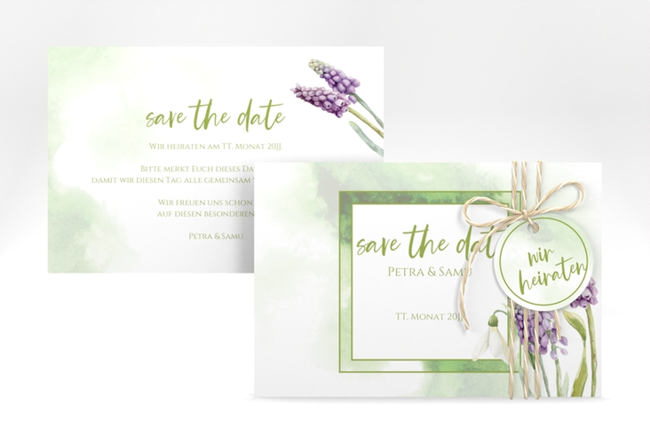 Save the Date-Karte Frühling A6 Karte quer gruen hochglanz mit Frühlingsblumen in Aquarell
